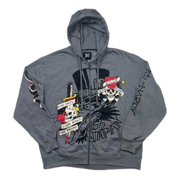 Ed Hardy Love Kills Slowly Gray Japan Skull Heart Hoodie - Picture 1 of 10